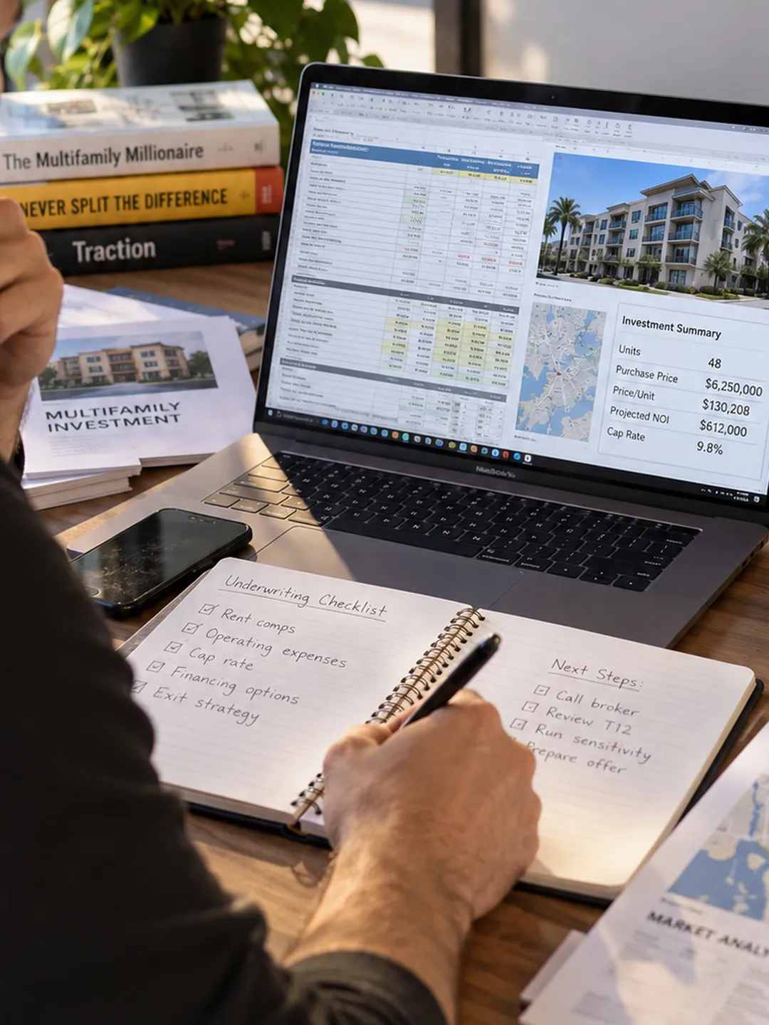 Underwriting a multifamily deal: laptop with an investment summary and a handwritten underwriting checklist