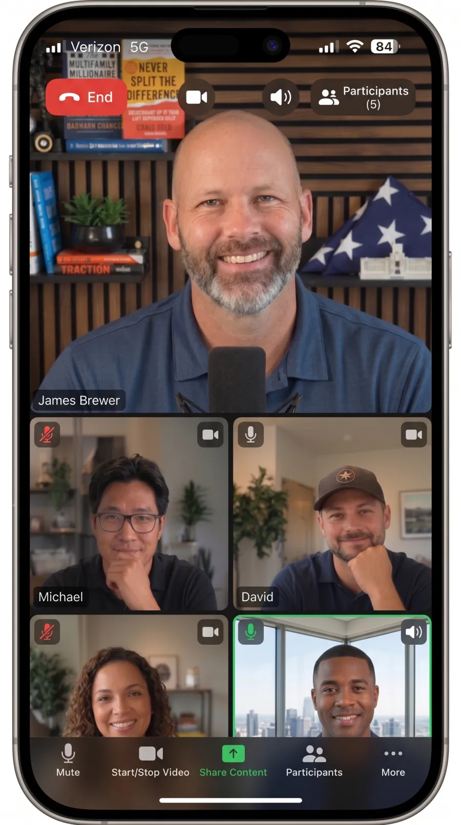 Phone showing an Orbit working call on Zoom, led by James Brewer with four participants